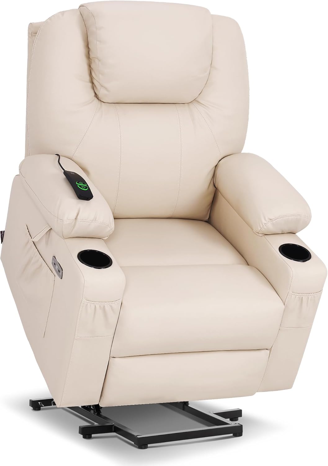 MCombo Riser and Recliner Chairs for Elderly, Electric Power Lift Chairs for Living Room, Cream Lift Armchair with Heat & Massage, Extended Footrest, USB Ports, Faux Leather 7040 (Cream White, Medium)