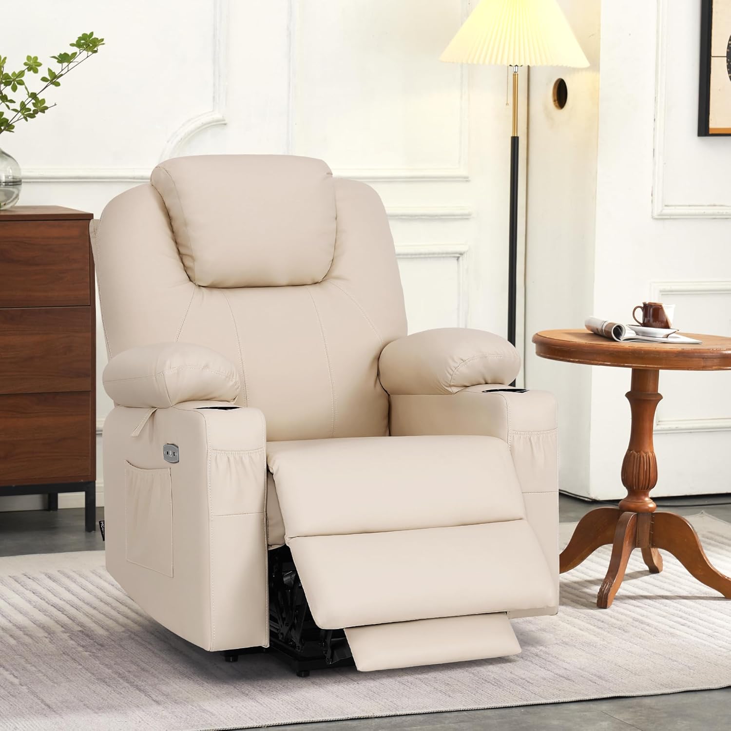 MCombo Riser and Recliner Chairs for Elderly, Electric Power Lift Chairs for Living Room, Cream Lift Armchair with Heat & Massage, Extended Footrest, USB Ports, Faux Leather 7040 (Cream White, Medium)