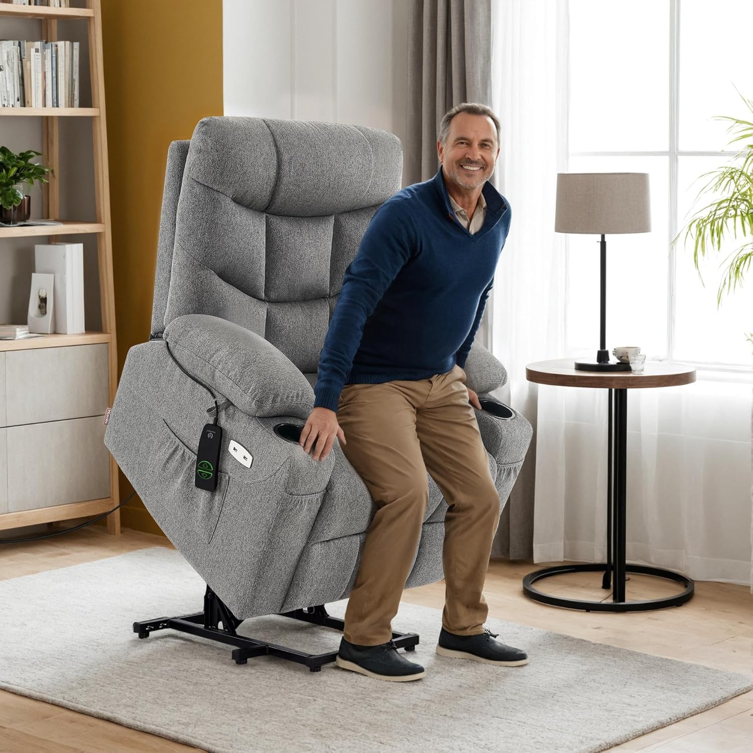 MCombo Riser Recliner Chairs for Elderly, Electric Lift Chair for Living Room, Fabric Reclining Sofa Armchair, Extended Footrest, Type C+USB Ports, 2 Cup Holders 7287 (Dark Grey, Medium)