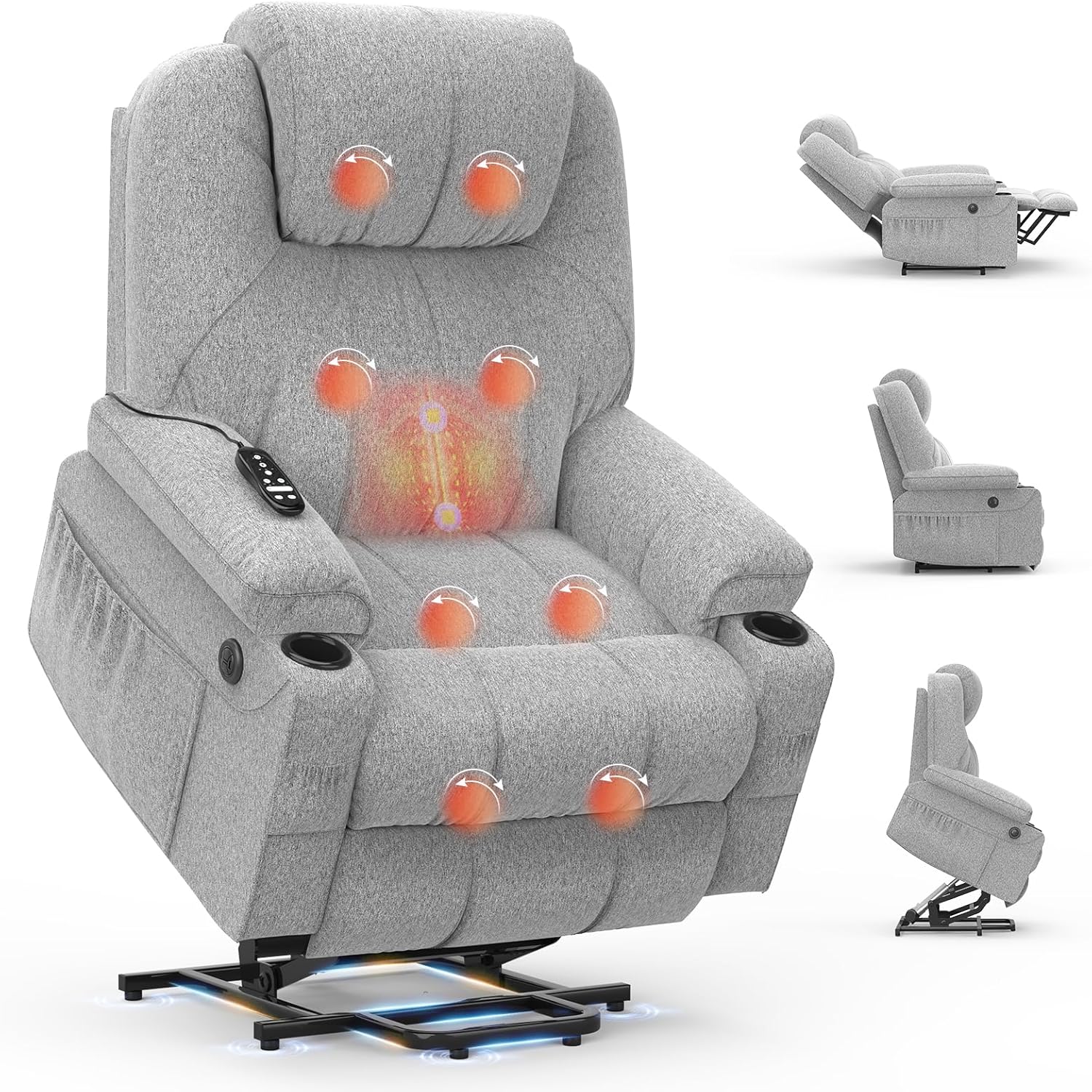 BareTay Recliner Armchair Lift Chair For the Elderly, Power Recliner Chair with Massage & Heat, Extended Footrest, Type C+USB Ports, 2 Cup Holders, Dual Side Pockets Reclining Chairs Lounge Sofa